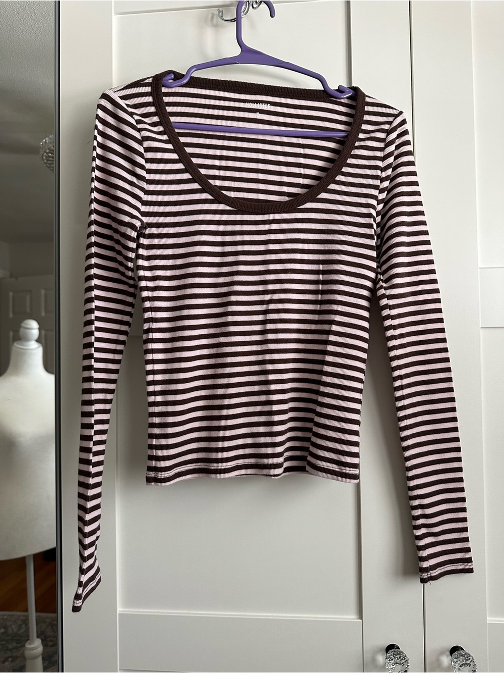 Hollister Pink and Brown Striped Scoop Neck Long Sleeve Tee - Slim Fit